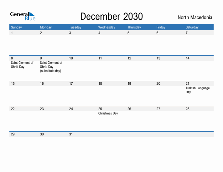 Fillable December 2030 Calendar