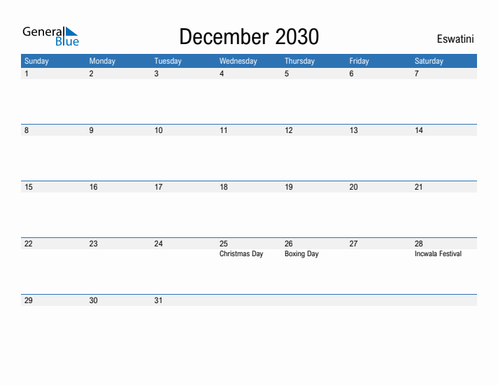 Fillable December 2030 Calendar