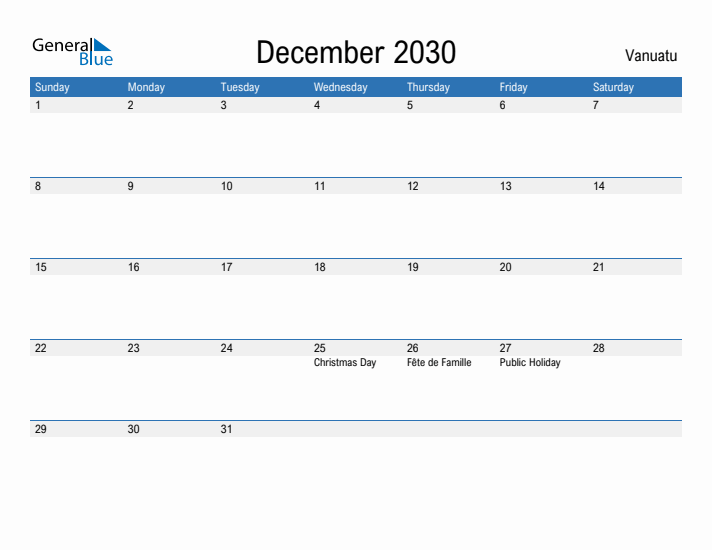 Fillable December 2030 Calendar