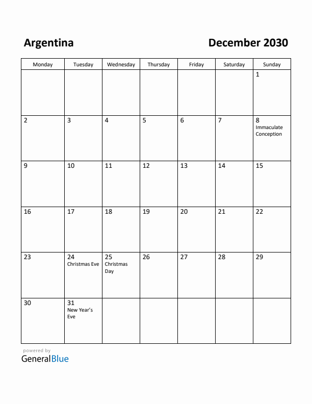 December 2030 Calendar with Argentina Holidays