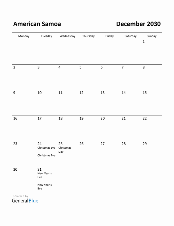 December 2030 Calendar with American Samoa Holidays