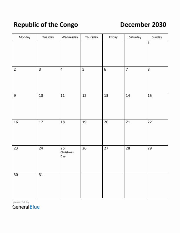 December 2030 Calendar with Republic of the Congo Holidays