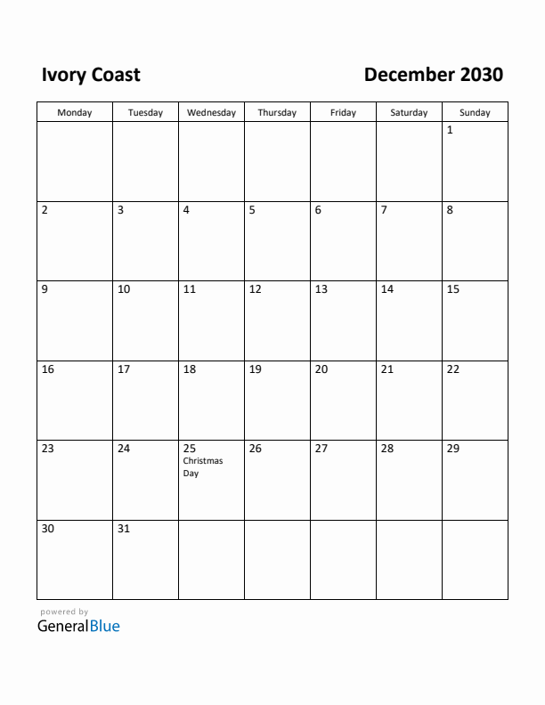December 2030 Calendar with Ivory Coast Holidays