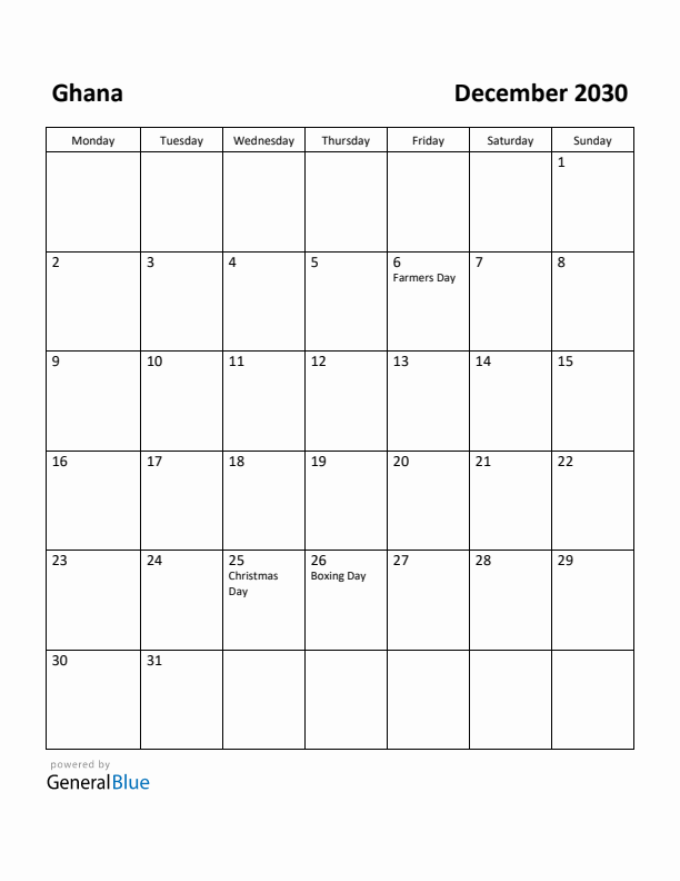 December 2030 Calendar with Ghana Holidays