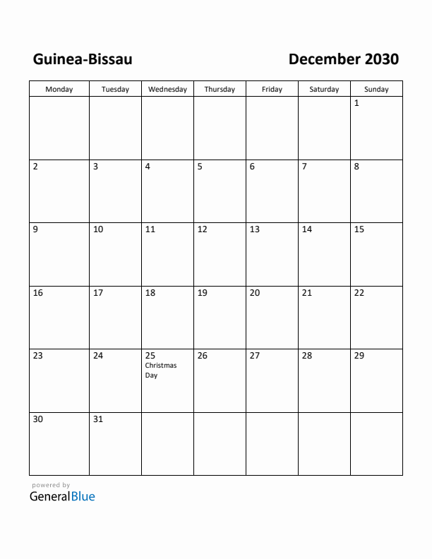 December 2030 Calendar with Guinea-Bissau Holidays