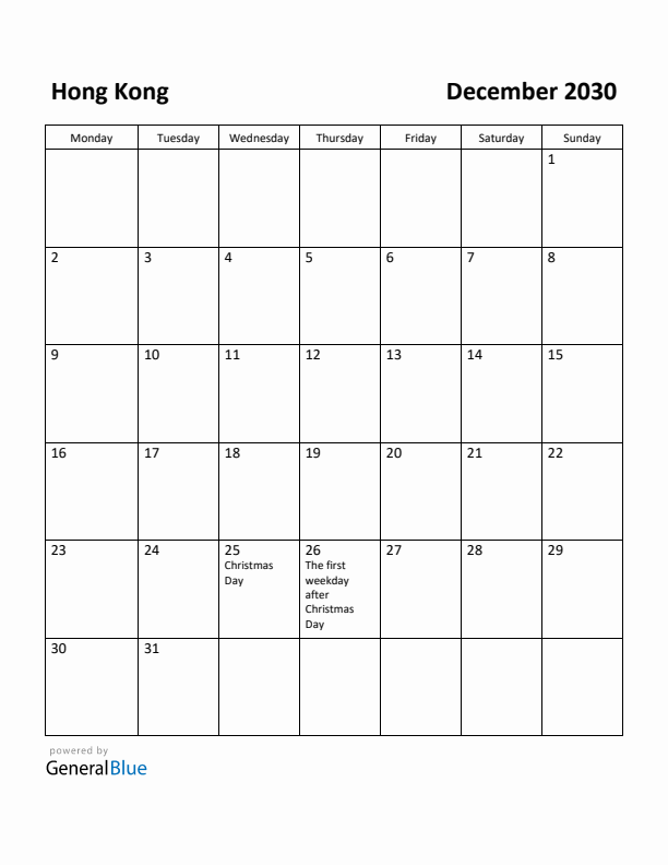 December 2030 Calendar with Hong Kong Holidays