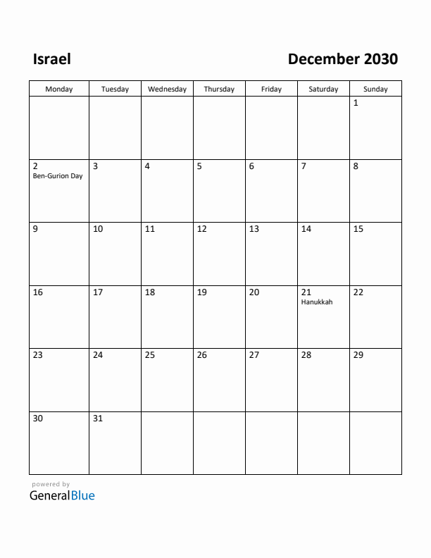 December 2030 Calendar with Israel Holidays