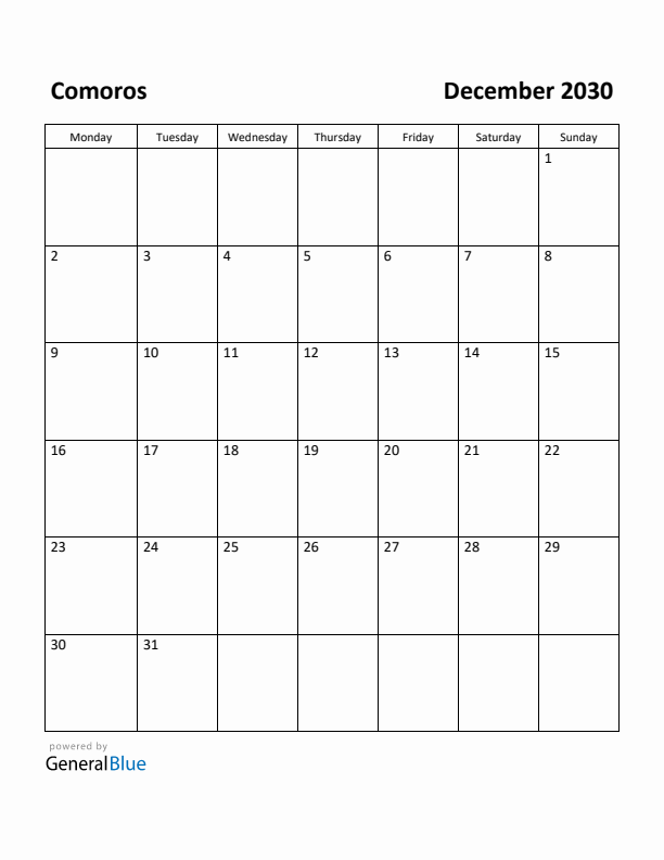 December 2030 Calendar with Comoros Holidays