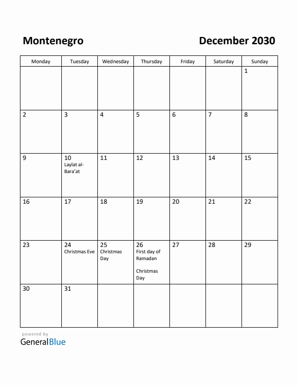 December 2030 Calendar with Montenegro Holidays