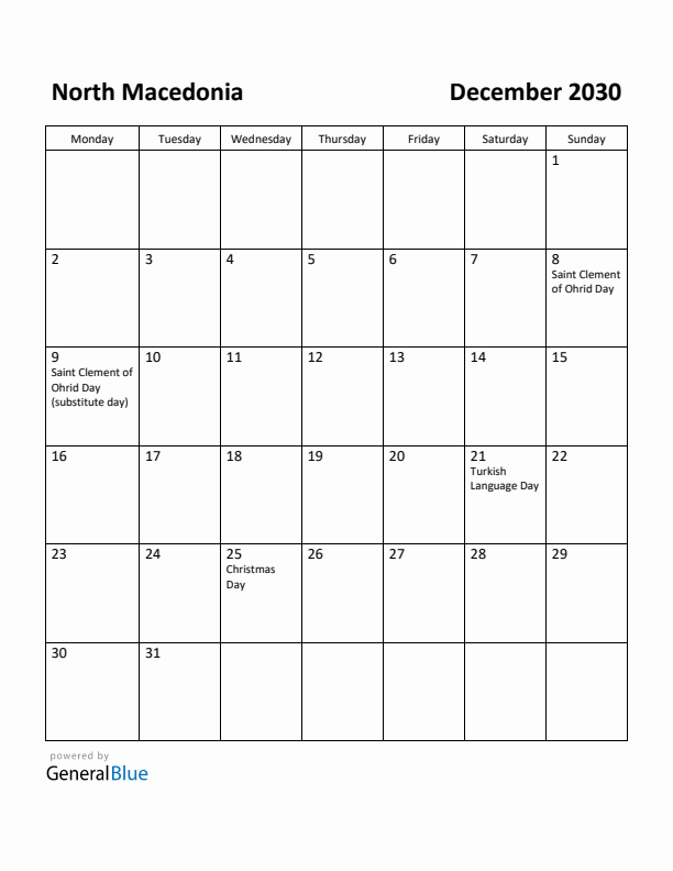 December 2030 Calendar with North Macedonia Holidays