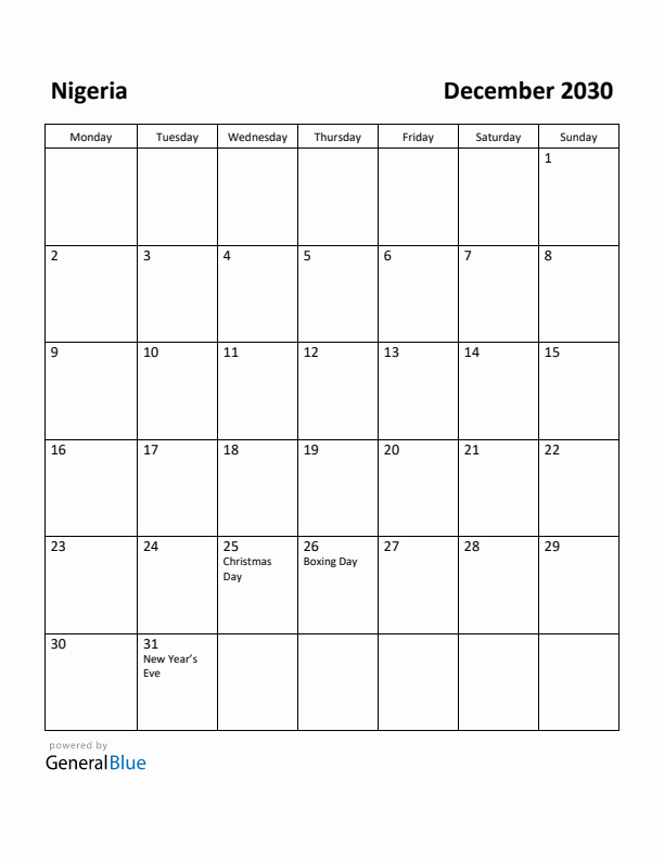 December 2030 Calendar with Nigeria Holidays