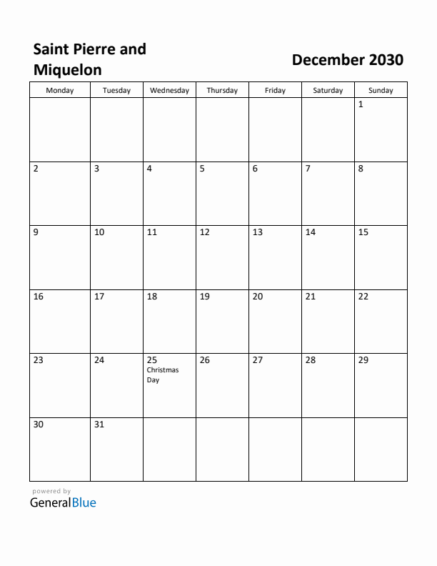 December 2030 Calendar with Saint Pierre and Miquelon Holidays