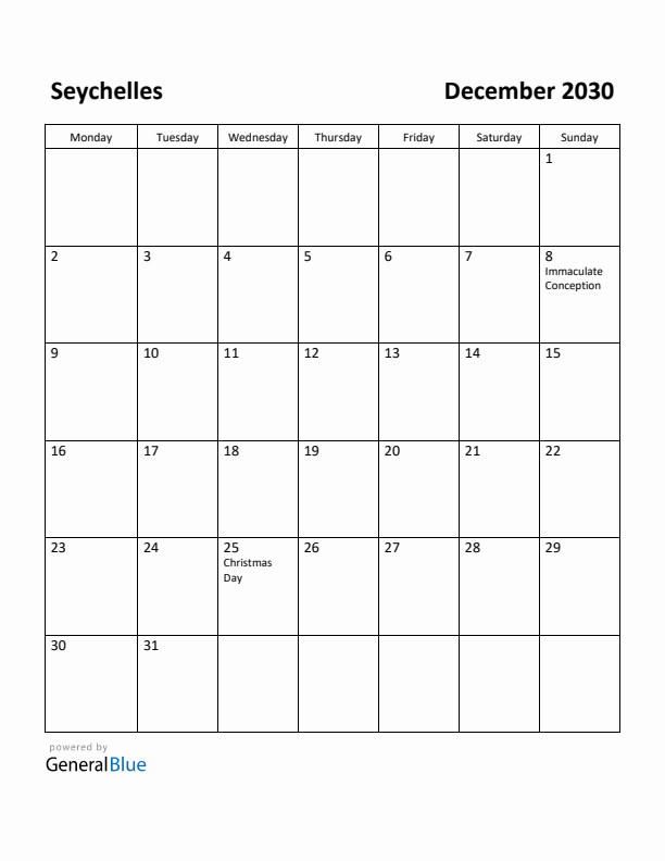 December 2030 Calendar with Seychelles Holidays