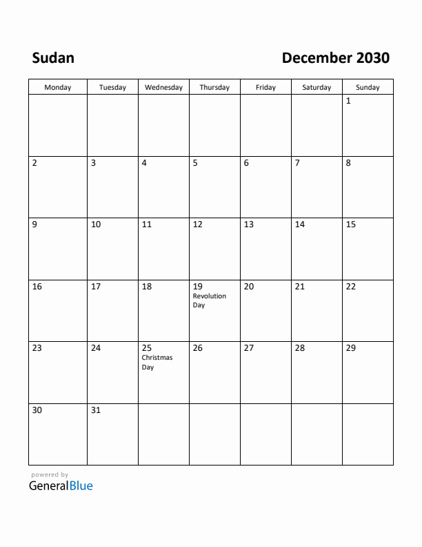 December 2030 Calendar with Sudan Holidays