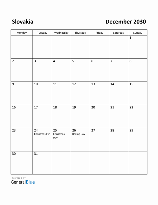 December 2030 Calendar with Slovakia Holidays
