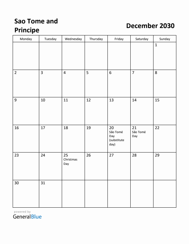 December 2030 Calendar with Sao Tome and Principe Holidays