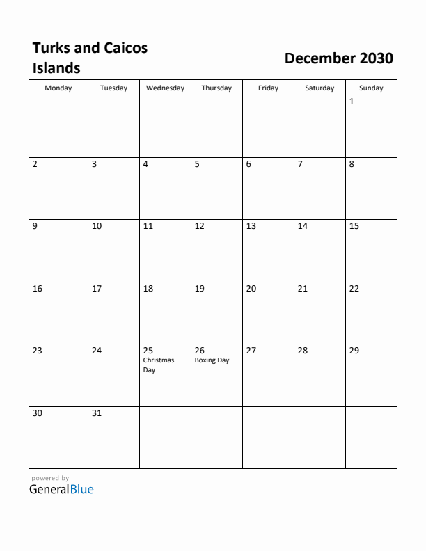 December 2030 Calendar with Turks and Caicos Islands Holidays