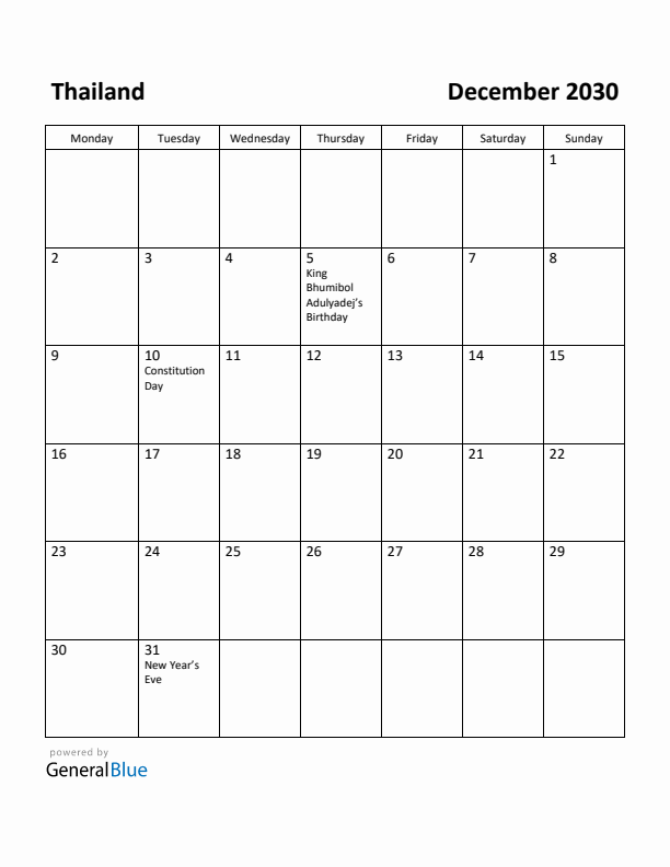 December 2030 Calendar with Thailand Holidays