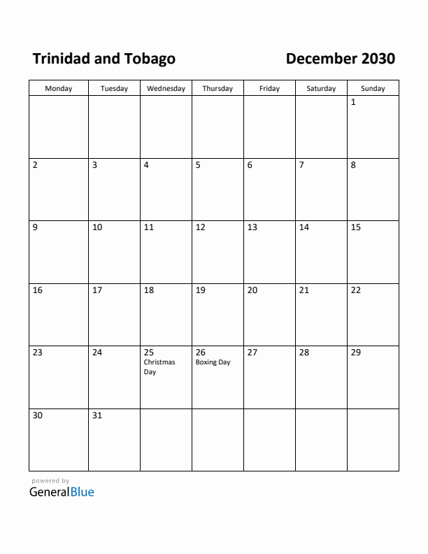 December 2030 Calendar with Trinidad and Tobago Holidays