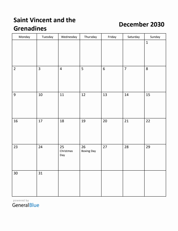 December 2030 Calendar with Saint Vincent and the Grenadines Holidays