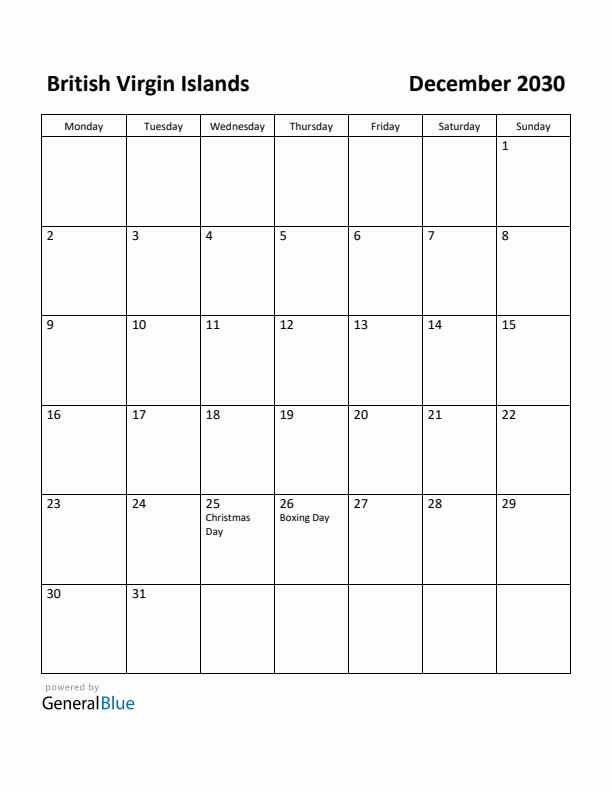December 2030 Calendar with British Virgin Islands Holidays