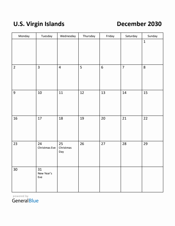 December 2030 Calendar with U.S. Virgin Islands Holidays