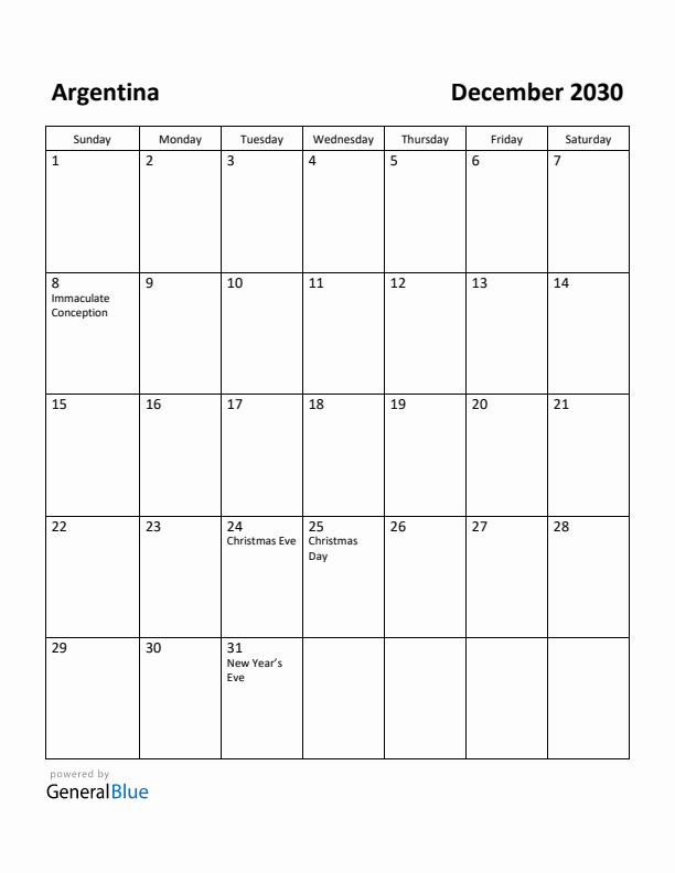 December 2030 Calendar with Argentina Holidays