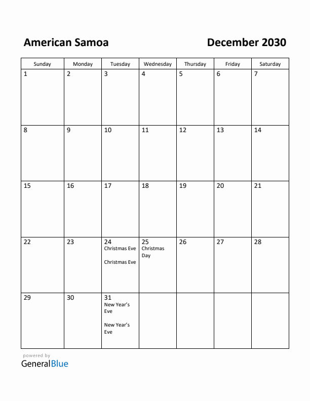 December 2030 Calendar with American Samoa Holidays