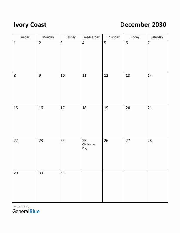 December 2030 Calendar with Ivory Coast Holidays