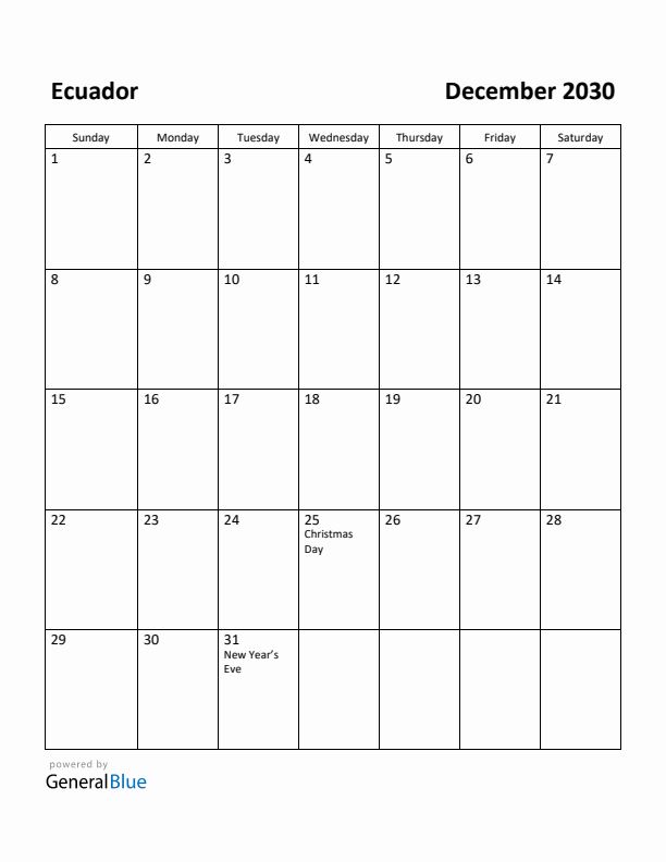 December 2030 Calendar with Ecuador Holidays