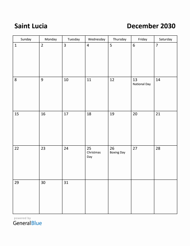 December 2030 Calendar with Saint Lucia Holidays