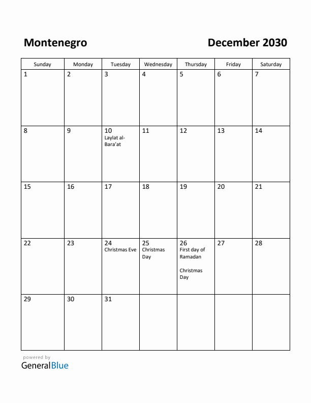 December 2030 Calendar with Montenegro Holidays