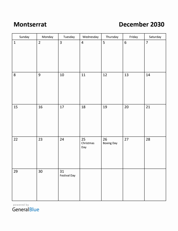 December 2030 Calendar with Montserrat Holidays