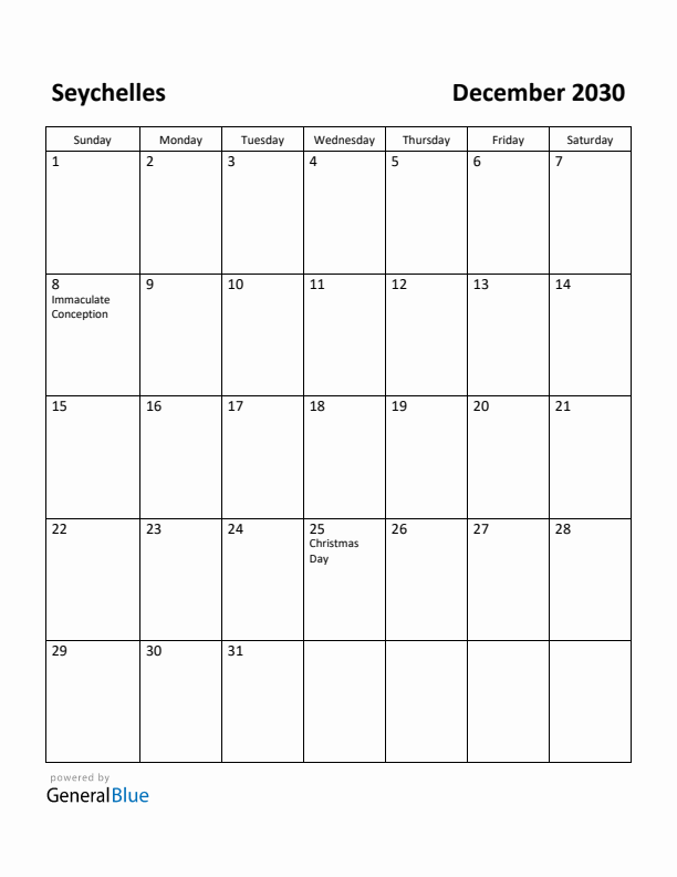 December 2030 Calendar with Seychelles Holidays