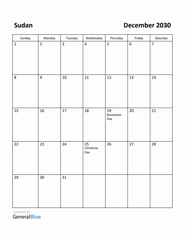 December 2030 Calendar with Sudan Holidays