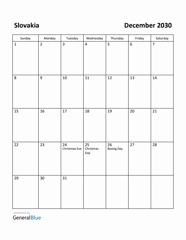 December 2030 Calendar with Slovakia Holidays