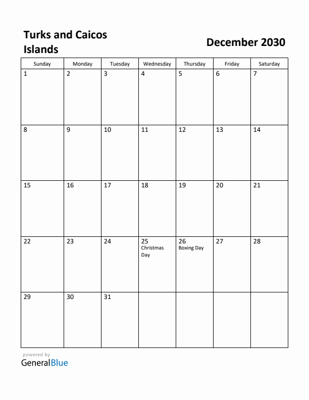 December 2030 Calendar with Turks and Caicos Islands Holidays
