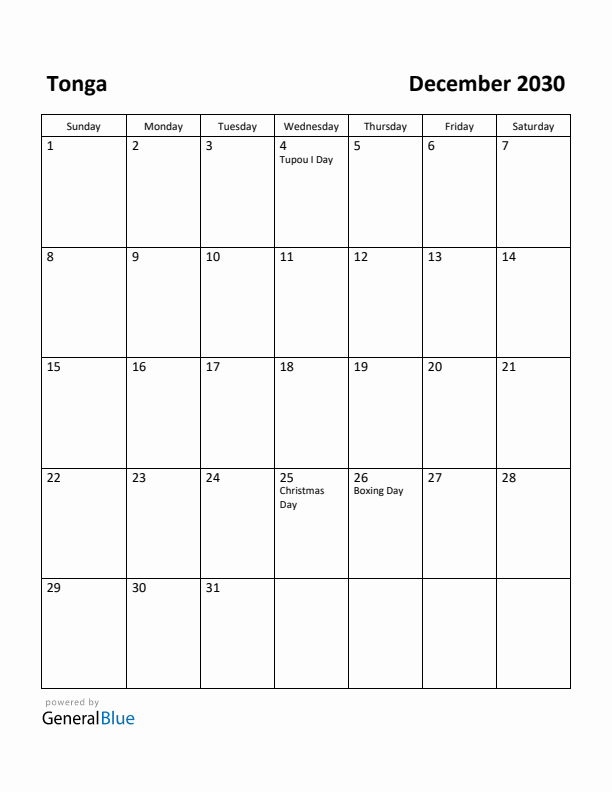 December 2030 Calendar with Tonga Holidays