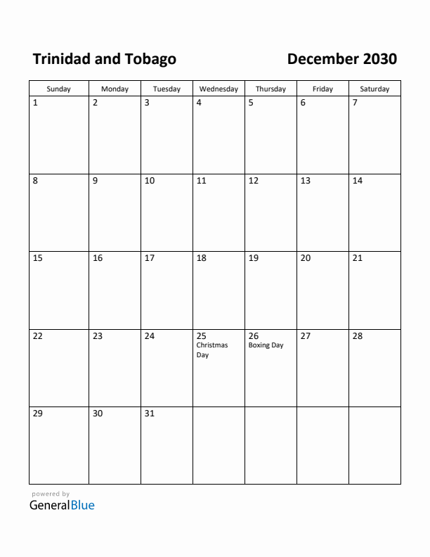 December 2030 Calendar with Trinidad and Tobago Holidays