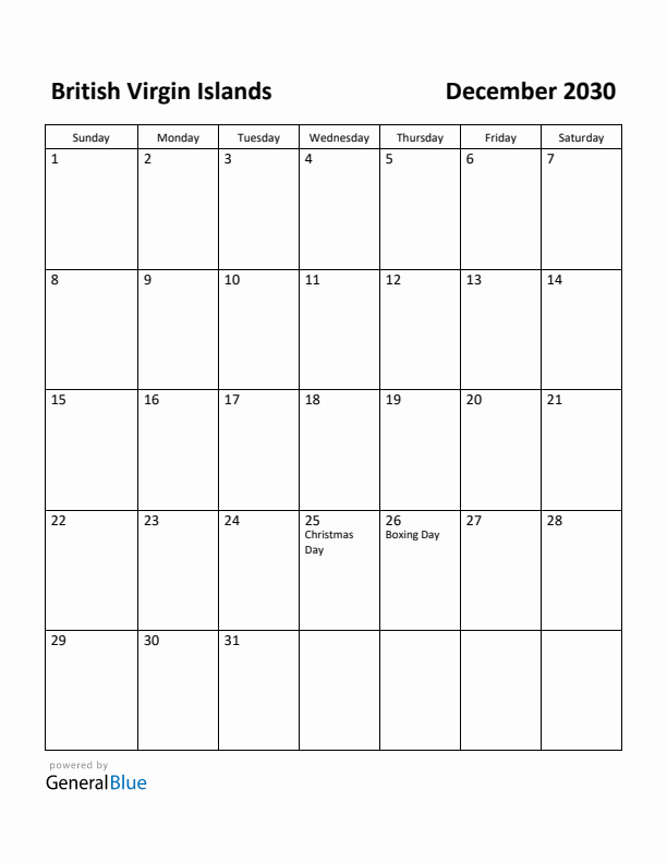 December 2030 Calendar with British Virgin Islands Holidays