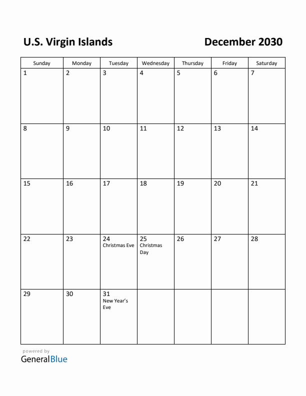 December 2030 Calendar with U.S. Virgin Islands Holidays