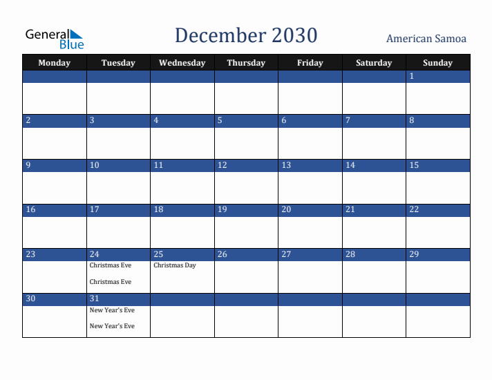 December 2030 American Samoa Calendar (Monday Start)