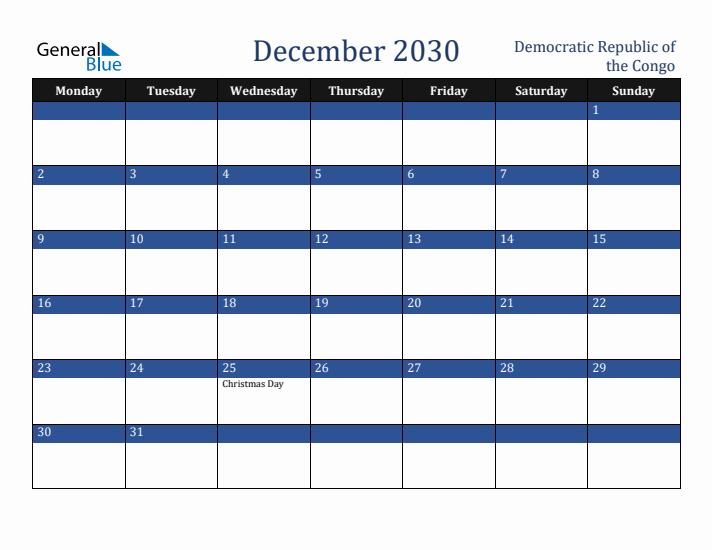 December 2030 Democratic Republic of the Congo Calendar (Monday Start)