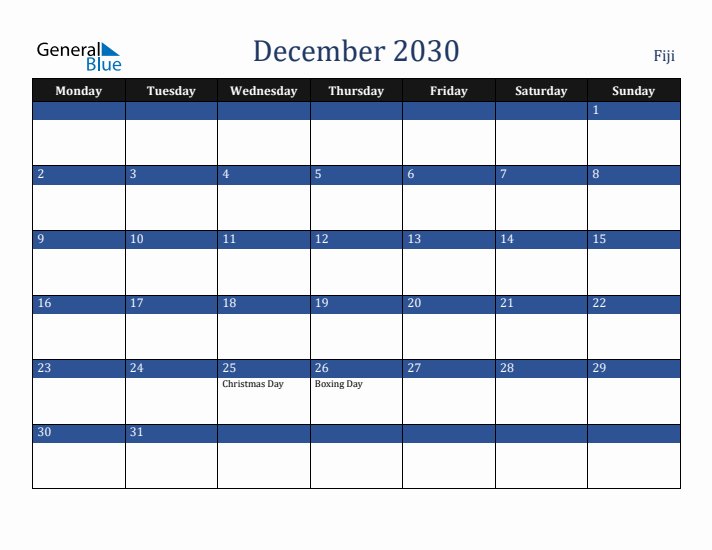 December 2030 Fiji Calendar (Monday Start)