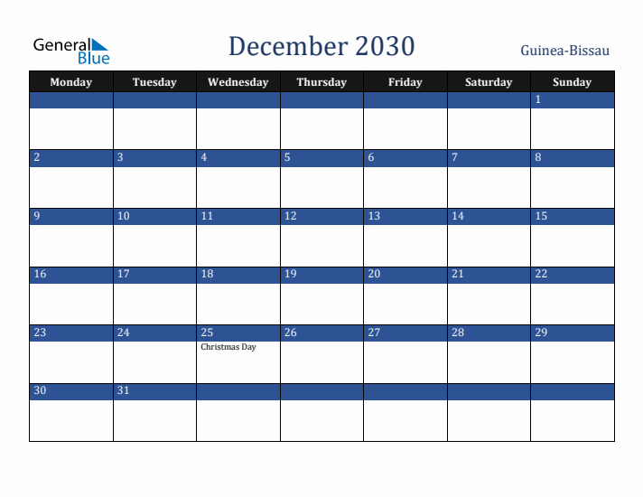December 2030 Guinea-Bissau Calendar (Monday Start)