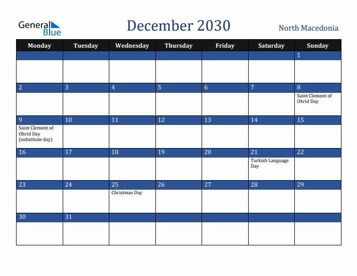 December 2030 North Macedonia Calendar (Monday Start)