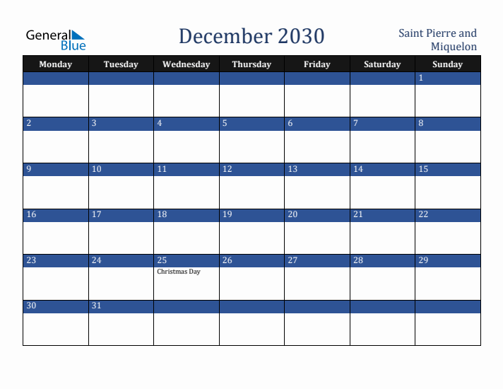 December 2030 Saint Pierre and Miquelon Calendar (Monday Start)