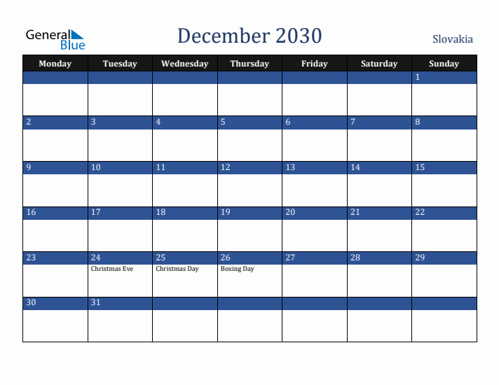 December 2030 Slovakia Calendar (Monday Start)