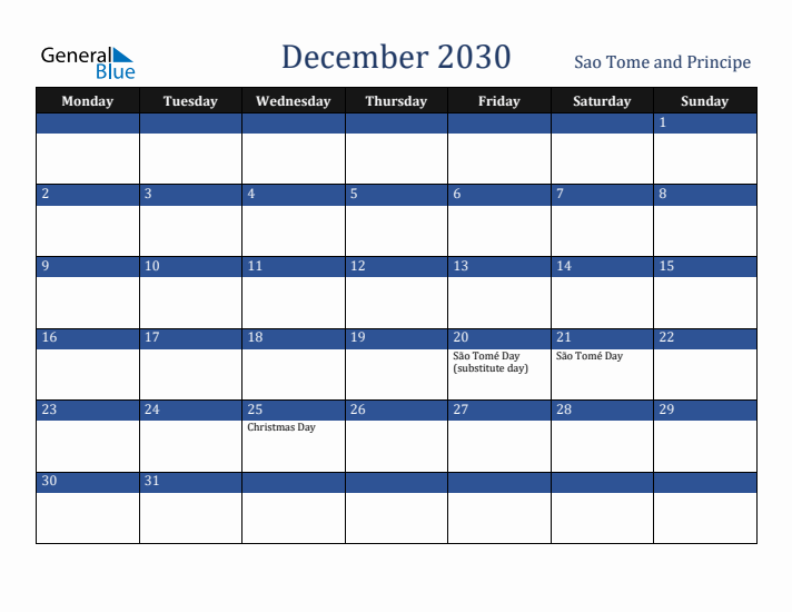 December 2030 Sao Tome and Principe Calendar (Monday Start)