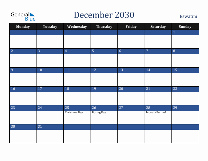 December 2030 Eswatini Calendar (Monday Start)